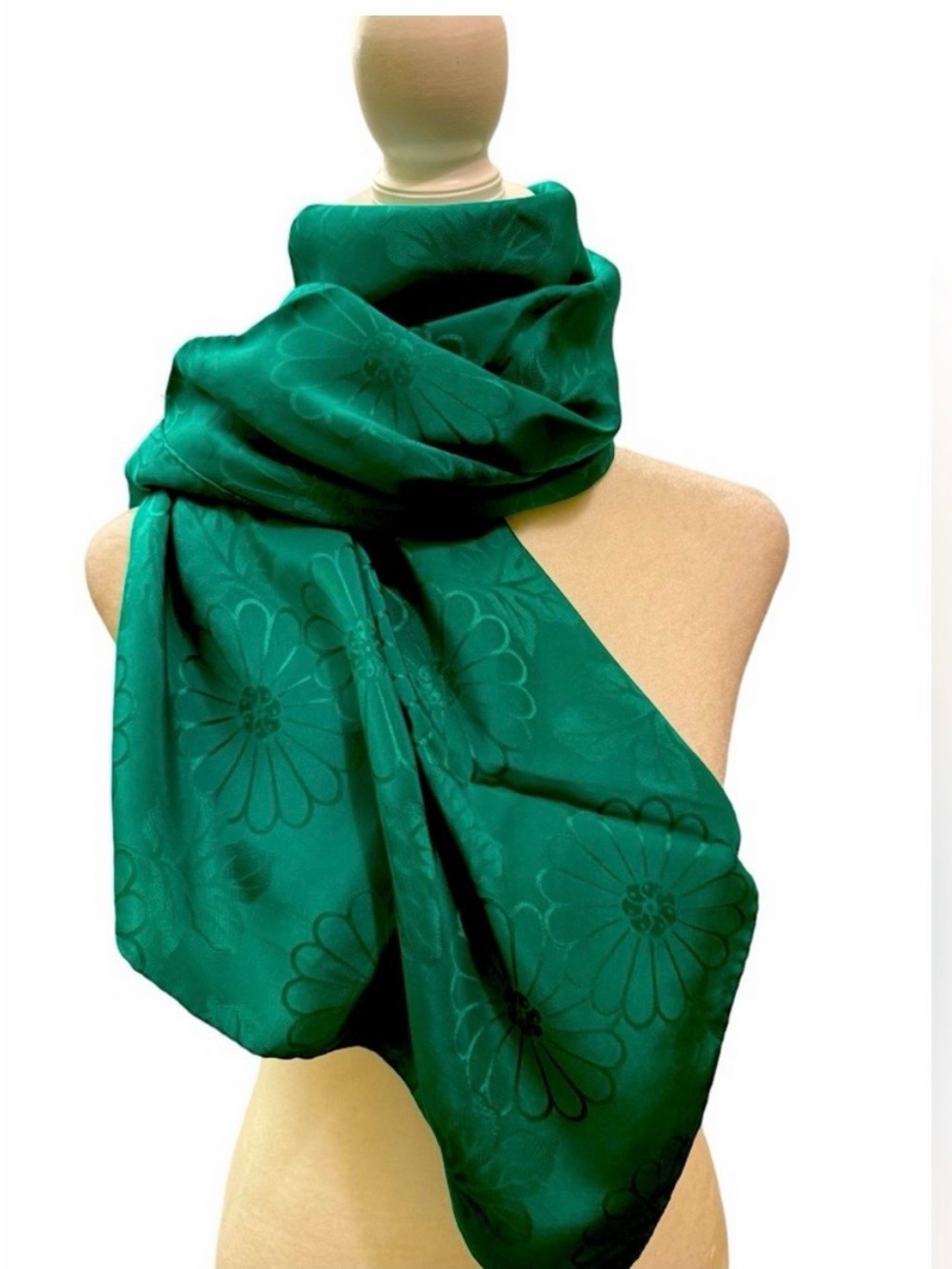 Vintage Dynasty Silk Floral Jacquard Scarf in emerald green. GUC